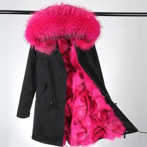 NEW POMKIN ROSE PINK FOX FUR BLACK WINTER COAT PARKA SIZE S SMALL 0/2